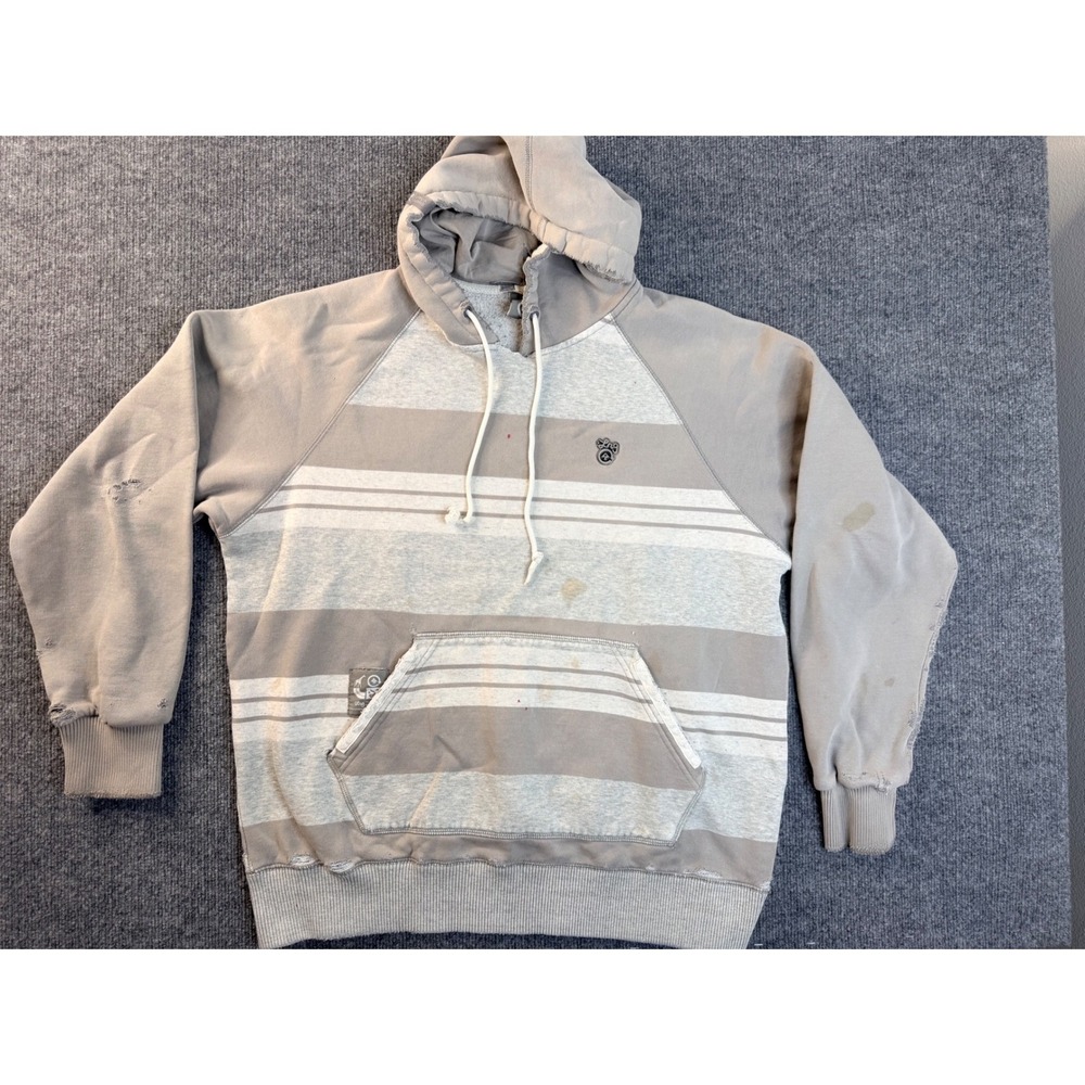 LRG Mens XL Grey Striped Hoodie Pullover Distressed Streetwear Fleece Sweatshirt